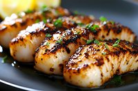 Pan-seared scallops with caramelized crust garnished with fresh herbs and black pepper on dark plate, close up view showing texture and grill marks.