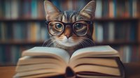 Clever tabby cat wearing glasses reading open book in library setting. Humorous pet portrait with blurred bookshelf background creates whimsical educational concept.