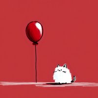 Minimalist cartoon illustration of fluffy white cat sitting next to red balloon on red background, simple artistic style with clean lines and cute character design.
