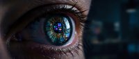 Close-up of human eye with digital data reflections in iris showing technology integration and futuristic vision concepts for modern design projects.