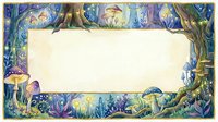 Enchanted forest frame with glowing mushrooms, fairy lights, and magical trees surrounding a blank center for text or design.