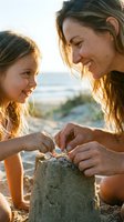 Adult woman of Caucasian ethnicity and young girl building sandcastle together on beach at sunset, enjoying quality time and bonding during summer vacation.