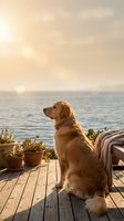 Golden retriever sitting on wooden deck overlooking calm ocean waters at sunset, with potted plants and blanket nearby, perfect for pet lifestyle and relaxation themes.