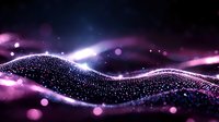 Abstract glowing wave of particles with purple and blue light effects against dark background, flowing dynamic motion with bokeh elements.