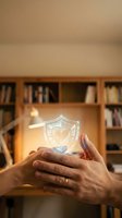 Hands protecting glowing heart shield symbol representing health insurance, life protection and security in cozy home library setting.