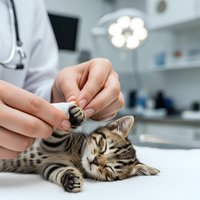 Veterinarian examining adorable tabby kitten with stethoscope in modern clinic. Professional pet healthcare and medical checkup for young cat.