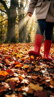 Child wearing red rain boots standing in autumn forest with fallen leaves, golden sunlight filtering through trees. Seasonal outdoor activity.
