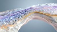 Macro photography of abstract liquid waves with water droplets and bubbles in pastel purple, peach and silver colors creating flowing artistic composition.