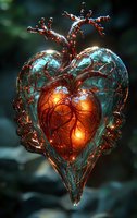 Glowing orange heart encased in crystalline blue wings with branching copper tendrils emerging from top, set against dark background for fantasy art and design.