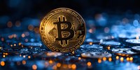 Golden bitcoin cryptocurrency coin on dark reflective surface with blue and orange bokeh lights in background, macro financial concept.