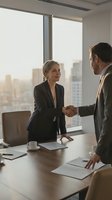 Confident middle-aged Caucasian businesswoman shaking hands with male colleague in modern boardroom with city skyline view.