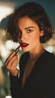 Young woman with short brown hair applying dark red lipstick, wearing black outfit against blurred evening lights background.
