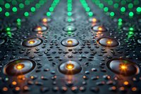 Glowing orange and green lights reflect on water droplets creating futuristic pattern on dark metallic surface with shallow depth of field and bokeh effect.