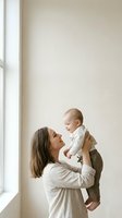 Young Caucasian mother lifting smiling baby in bright minimal room, sharing a tender joyful moment of love and bonding indoors.