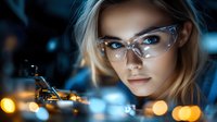 Young female scientist in protective eyewear examining microscope in dark laboratory with blue tones and bokeh lights creating dramatic research atmosphere.