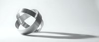 Abstract metallic ribbon twisted into spherical form casting shadow on white surface. Modern minimalist design element for branding and creative projects.