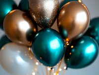 Festive balloon bouquet with metallic teal and copper balloons for party celebrations and holiday decorations.