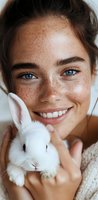 Close up portrait of young woman with freckles, blue eyes and natural makeup holding white bunny rabbit. Gentle smile and warm emotional connection for beauty and lifestyle.