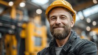 Smiling bearded construction worker in orange hard hat at industrial site. Professional contractor portrait for workplace safety and building industry concepts.