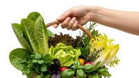 Fresh mixed salad greens and herbs in wicker basket held by woman hand on white background. Healthy organic vegetables for cooking and nutrition.