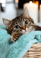 Curious tabby cat with bright green eyes peeking out from soft turquoise blanket in wicker basket. Playful feline expression captures attention in cozy home setting.