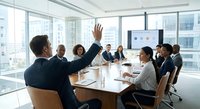 Business professional raising hand during corporate meeting in modern conference room with diverse team around table.