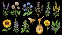 Honey bee with wildflowers, sunflower, lavender, herbs, and honey jar, isolated on transparent background, clipart set for t-shirt design, stickers, print on demand.
