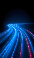 Glowing curved light trails with blue and pink neon streaks against dark background create futuristic path effect, suggesting speed and digital connectivity.