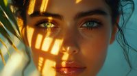 Close up portrait of young woman with palm leaf shadows on face at golden hour sunset light creating dramatic pattern effect on tanned skin and intense eyes.