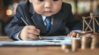 Young Asian boy in business suit writing at desk with stacked coins, representing early financial education and future planning concept for children.