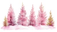 Watercolor pink and gold coniferous trees forest landscape on white background. Soft pastel winter woodland scene for seasonal decor and nature designs.