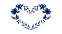 Watercolor heart-shaped wreath with navy blue flowers, silver leaves and red berries on white background, suitable for wedding stationery and romantic designs.