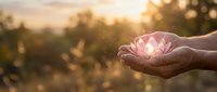 Hands holding glowing pink lotus flower at sunset in nature field, symbolizing spirituality, healing, wellness, and mindfulness practices for meditation and personal growth.