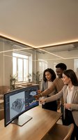 Diverse business team collaborating on architectural project using computer software in modern office with glass walls and ambient lighting.