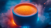 Hot orange drink in blue ceramic cup with steam and bokeh lights against dark background creates mystical atmosphere with neon glow effects.
