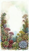 Watercolor succulent garden frame with colorful plants and flowers creating decorative border on textured paper background for botanical designs.