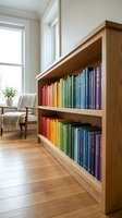 Modern home library with rainbow colored books arranged by hue on wooden shelves creating organized colorful display in bright living room interior.