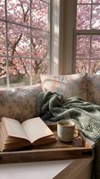 Cozy window seat with open book, tea cup, knit blanket, floral pillows, and blooming cherry trees outside in soft spring light.