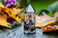 Clear quartz crystal point with natural inclusions on wet stone surface surrounded by autumn leaves and pink flowers in soft natural lighting.
