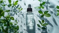 Glass dropper bottle with natural cosmetic serum creating ripple effect on water surface, surrounded by fresh green leaves and sunlight shadows.