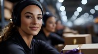 Young Hispanic woman warehouse worker wearing headphones smiling at camera in modern distribution center with coworkers and packages in background.