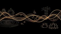 Elegant golden line art spa elements with lotus flowers, bamboo, stones and water ripples on black background for wellness and relaxation design.