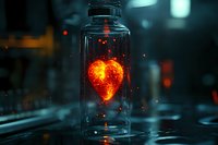 Glowing heart trapped inside glass bottle on dark background, concept of love, passion, and emotional containment.