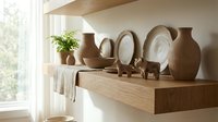 Wooden shelf with ceramic vases, decorative mirrors, and potted plants arranged in minimalist style near bright window for home decor inspiration.