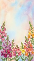 Watercolor snapdragon flowers in pink, yellow, and orange bloom along the bottom border on a soft pastel gradient background with copy space.