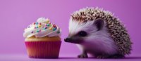 Curious hedgehog looking at colorful cupcake with sprinkles and white frosting against purple background, creating whimsical and sweet moment.