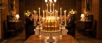 Ornate golden candelabra with lit candles on a wooden table in an elegant hall with blurred guests in the background.