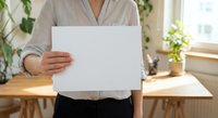 Professional businesswoman holding blank white paper sheet in modern office workspace with plants and natural lighting for mockup presentations.