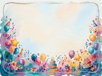 Watercolor birthday party frame with colorful balloons, gift boxes, confetti and celebration elements creating festive border for greeting cards.