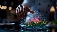 Magical culinary scene with chef's hand sprinkling glowing powder over fresh salad on plate, creating ethereal sparkles in dark restaurant atmosphere.